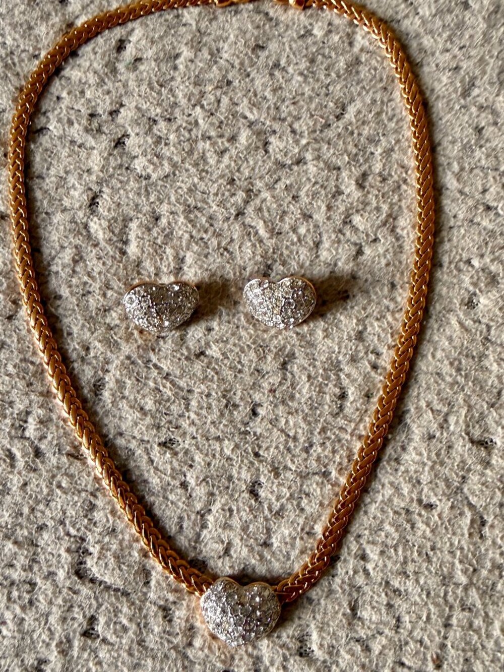 Gold Tone Heart Necklace & matching Crystal Heart Clip Earrings Set